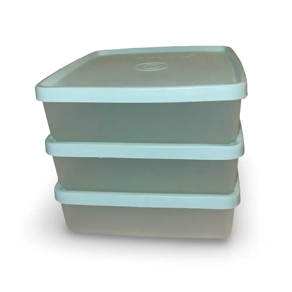 Tupperware 670 671 Square Away Sandwich Keeper Set of 3 Seafoam Green Aqua Vtg